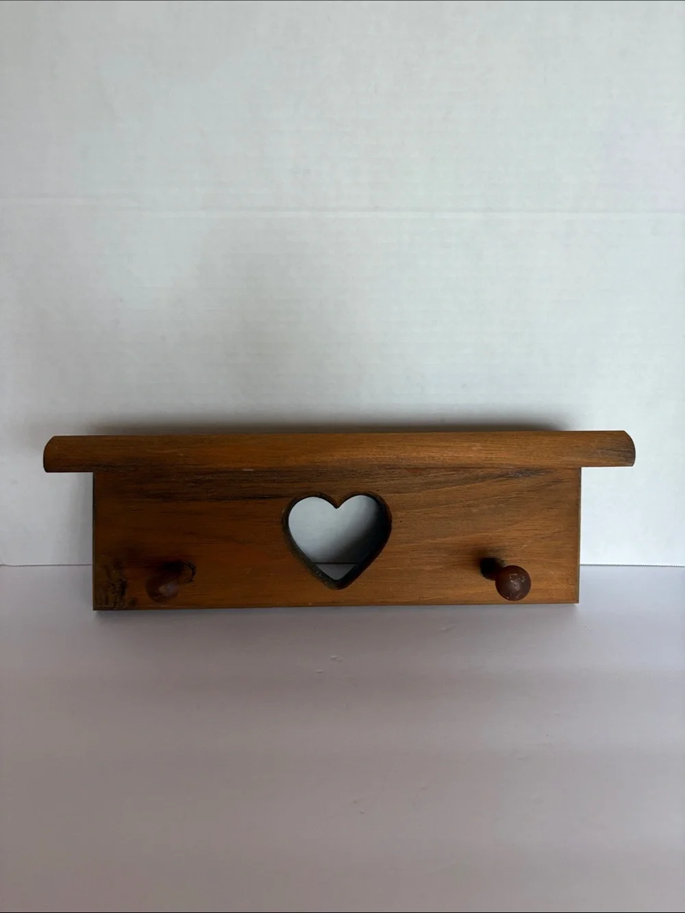 Vintage Brown Wooden Heart Hook Shelf